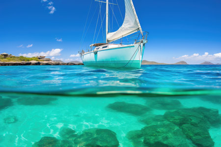 a sailboat drifting in clear emerald waters, created with generative aiの素材