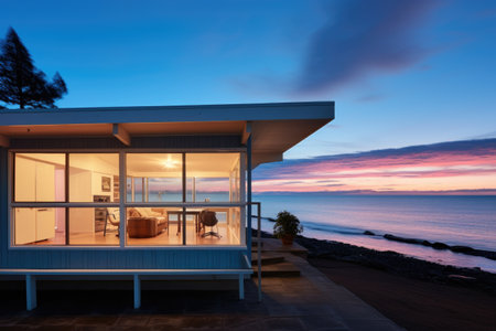 flat-roofed beach house overlooking ocean during dusk, created with generative aiの素材