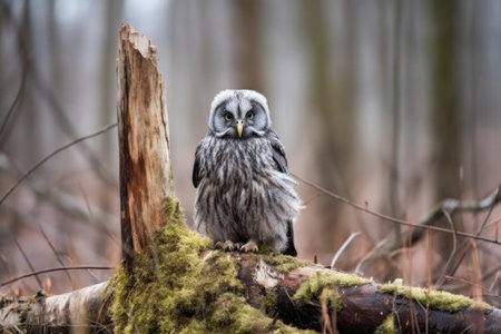 great grey owl sitting on a dead tree stump, created with generative aiの素材