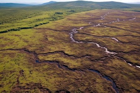 aerial shot of undulating peatland terrain, created with generative aiの素材