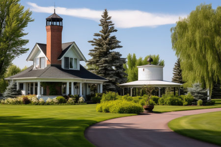 prairie house with ornate chimney and circular driveway, created with generative aiの素材