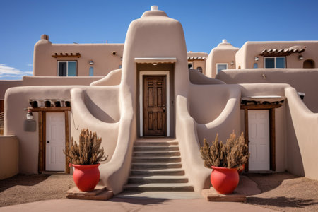 entrance of a pueblo with rounded parapets, created with generative aiの素材