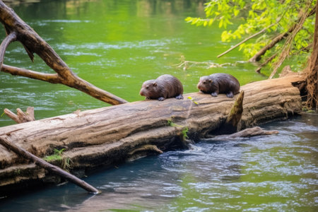 beavers building a dam across a stream during the day, created with generative aiの素材
