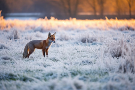 a lone fox hunting on a frosty meadow during dusk, created with generative aiの素材