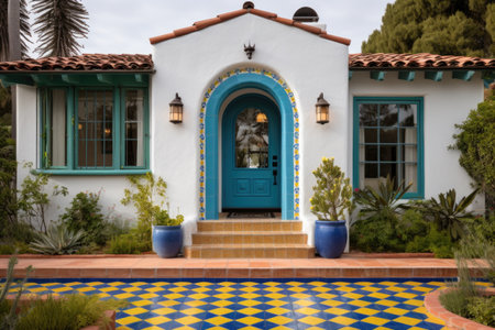 spanish revival architecture with a vibrant tiled entrance, created with generative aiの素材
