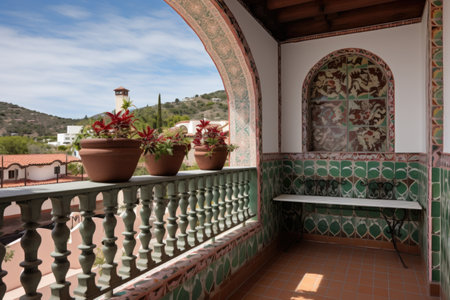 decorative tiled balcony in a spanish revival villa, created with generative aiの素材