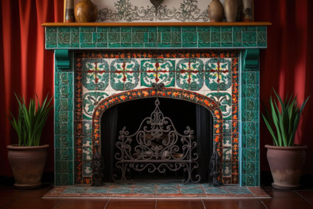 spanish revival fire surround, fashioned with ornate tiles, created with generative aiの素材