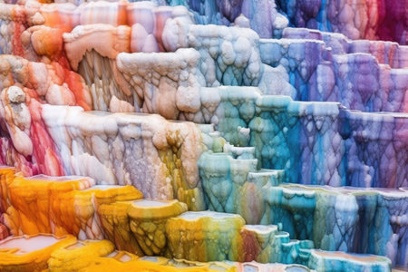 a close-up of colorful minerals deposited by a hot spring, created with generative aiの素材