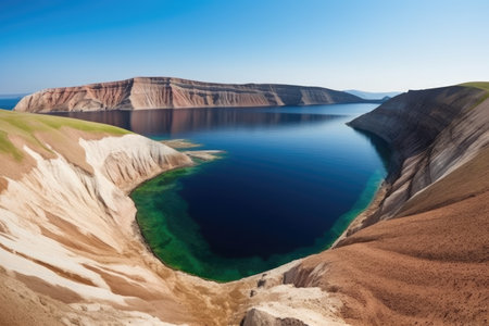crater lake on the top of a volcano island, created with generative aiの素材