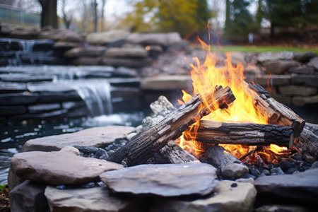 fire pit with unlit firewood, waterfall background blurred, created with generative aiの素材