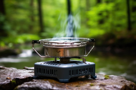 close up of a camping stove with the waterfall blur behind, created with generative aiの素材