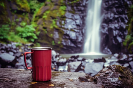 freshly brewed coffee in camping mug near a waterfall, created with generative aiの素材