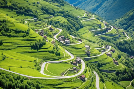 aerial view of a mountain hamlet encircled by a winding road, created with generative aiの素材