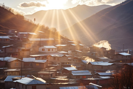 sun reflecting off rooftops in a mountain settlement, created with generative aiの素材
