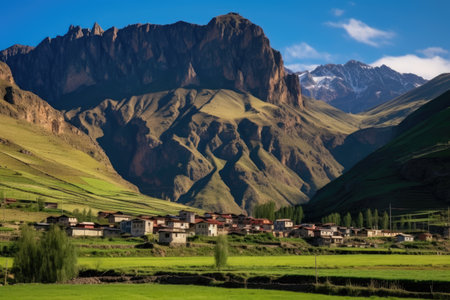 small village nestled at base of towering mountain, created with generative aiの素材
