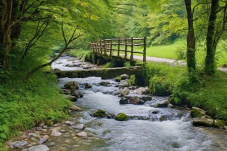 narrow footbridge crossing mountain stream in a village, created with generative aiの素材
