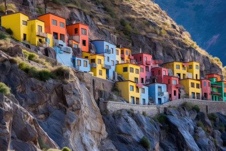 set of colorful houses on a rocky mountainside, created with generative aiの素材