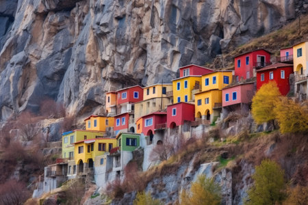 set of colorful houses on a rocky mountainside, created with generative aiの素材