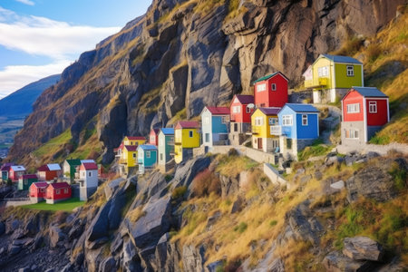 set of colorful houses on a rocky mountainside, created with generative aiの素材