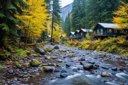 creekside cabins surrounded by alpine forest, created with generative aiの素材