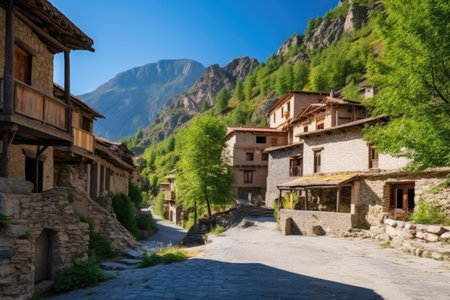 unique architecture of a secluded mountain village, created with generative aiの素材