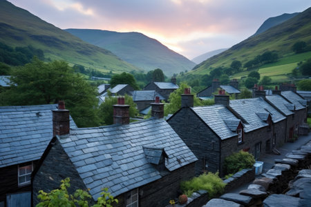 slate roofs of mountain village houses at dusk, created with generative aiの素材