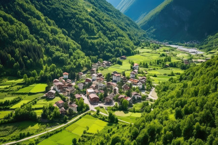 aerial view of a secluded mountain village, created with generative aiの素材