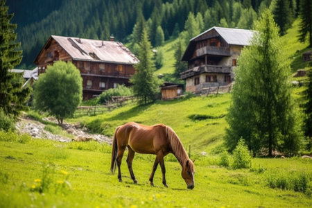 horse grazing near a mountain village cabin, created with generative aiの素材