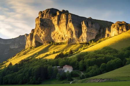 golden hour illuminating an isolated mountain hermitage, created with generative aiの素材