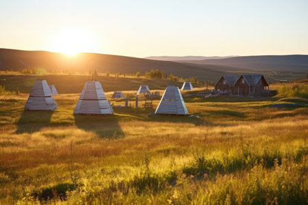 cluster of backlit a-frame huts on a plateau, created with generative aiの素材