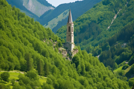 alpine bell tower atop a verdant hill, created with generative aiの素材