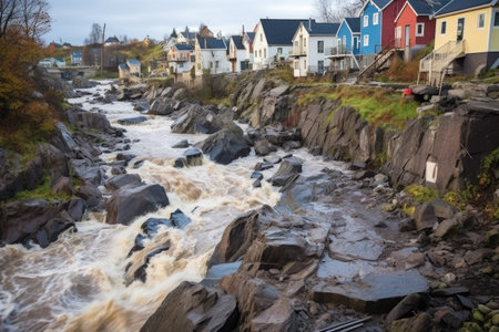 choppy river cascading through a rocky village scene, created with generative aiの素材