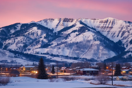 snowy mountain looming over a quiet ski town at sunset, created with generative aiの素材