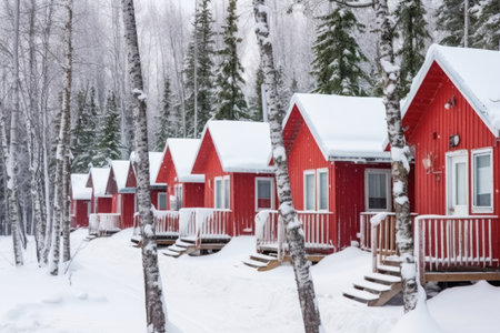 close-up of snow-covered wooden cabins, created with generative aiの素材
