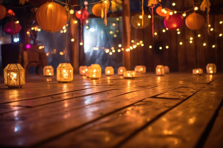 glowing lanterns on the floor of a warm, rustic spa, created with generative aiの素材