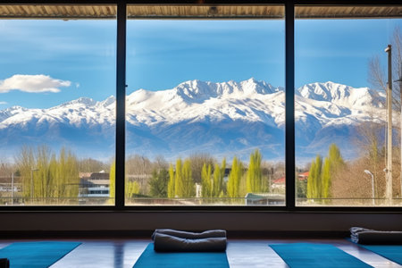 snow-capped mountains as viewed from a yoga studio, created with generative aiの素材