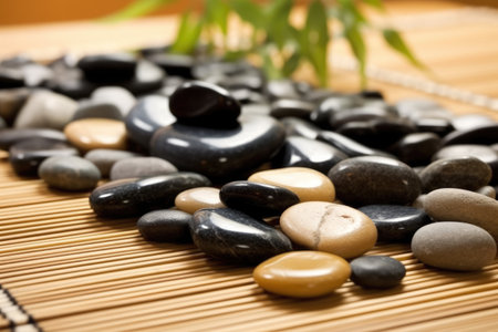 close up of massage stones on bamboo mat, created with generative aiの素材