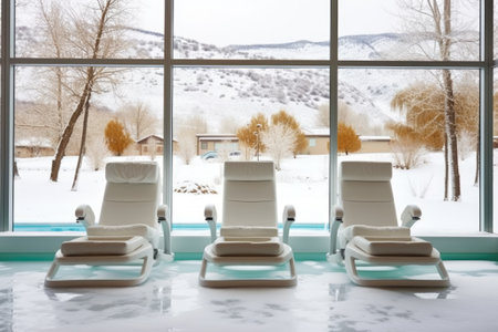 heated chairs in a wellness center with snowy outside view, created with generative aiの素材