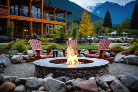 fire pit beside a mountain chalet wellness center, created with generative aiの素材