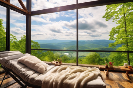 breathtaking view from a glass-walled wellness retreat cabin, created with generative aiの素材