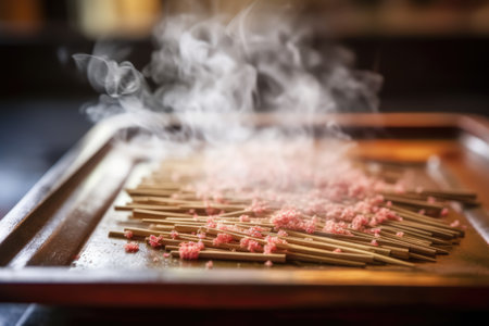 detail of burning incense on wooden tray in mountain spa, created with generative aiの素材