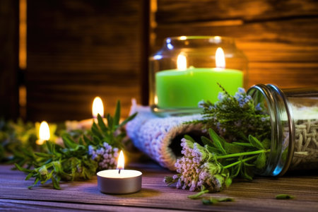 spa setting with lit candles and mountain herbs bouquet, created with generative aiの素材