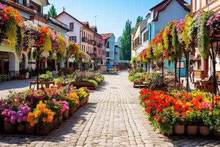 a village market square filled with blooming flowers, created with generative aiの素材