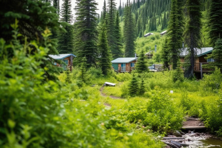 wooden cabins surrounded by lush evergreens, created with generative aiの素材