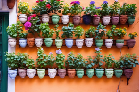 ceramic flower pots decorating the walls of houses, created with generative aiの素材
