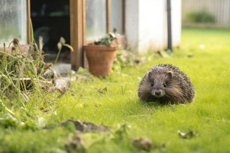 hedgehog snooping around a countryside dwelling, created with generative aiの素材