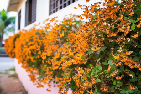 butterfly swarm near village flowerbeds, created with generative aiの素材