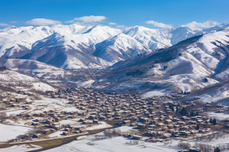 aerial view of village surrounded by snowy mountains, created with generative aiの素材
