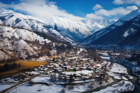 aerial view of village surrounded by snowy mountains, created with generative aiの素材
