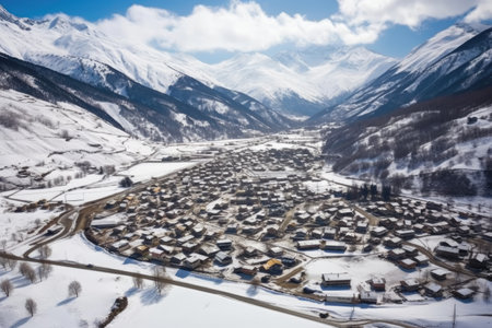 aerial view of village surrounded by snowy mountains, created with generative aiの素材